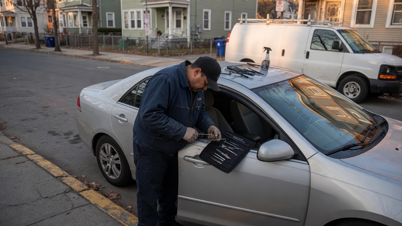 Locksmith working at a car on a residential street